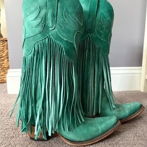 Fringed Teal Heeled Boots